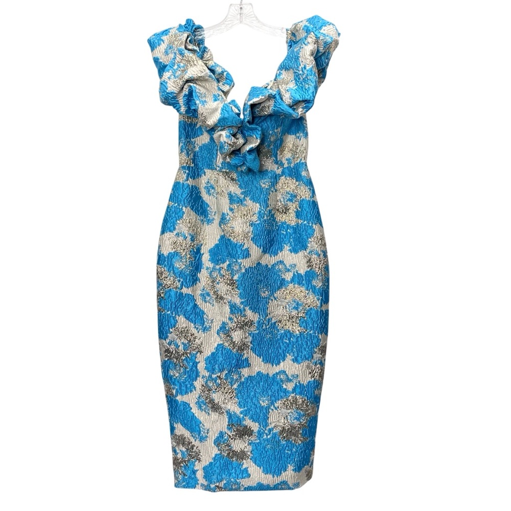 NWT Eliya The Label Brielle Off The Shoulder Blue/Gold Midi Cocktail Dress Sz S